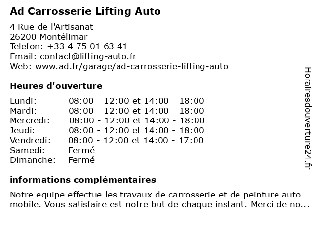 Carrosserie AD - Lifting Auto à Montélimar: adresse et heures d'ouverture