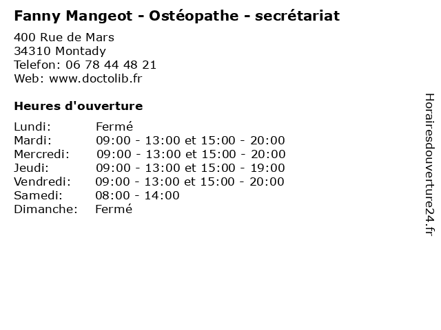 Fanny Mangeot - Ostéopathe - secrétariat à Montady: adresse et heures d'ouverture