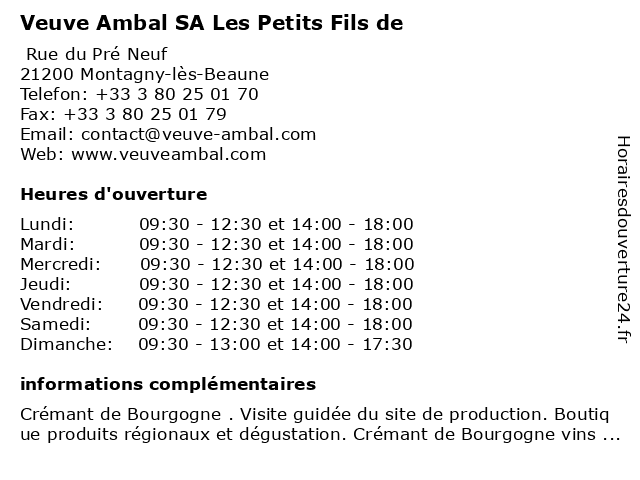 Veuve Ambal SA Les Petits Fils de à Montagny-lès-Beaune: adresse et heures d'ouverture