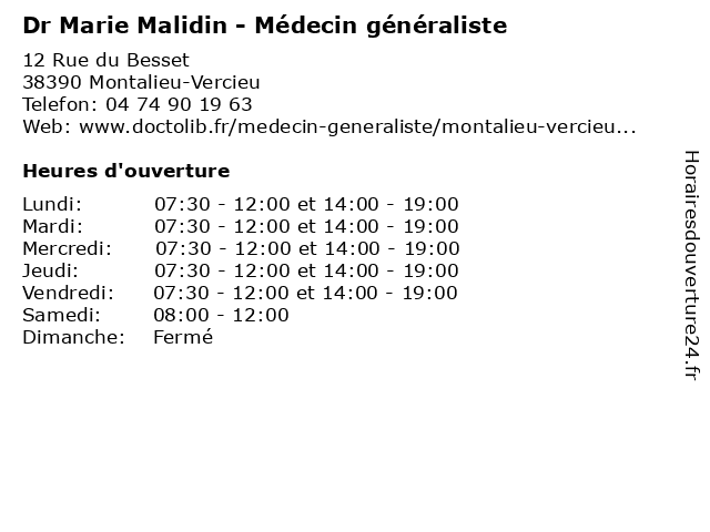 Dr Marie Malidin - Médecin généraliste à Montalieu-Vercieu: adresse et heures d'ouverture