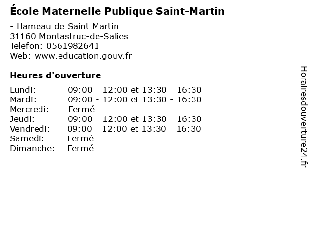 École Maternelle Publique Saint-Martin à Montastruc-de-Salies: adresse et heures d'ouverture