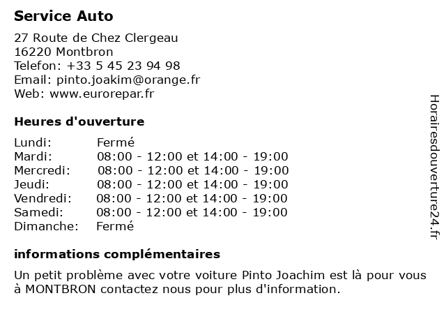 Service Auto Pinto - Euro Repar à Montbron: adresse et heures d'ouverture