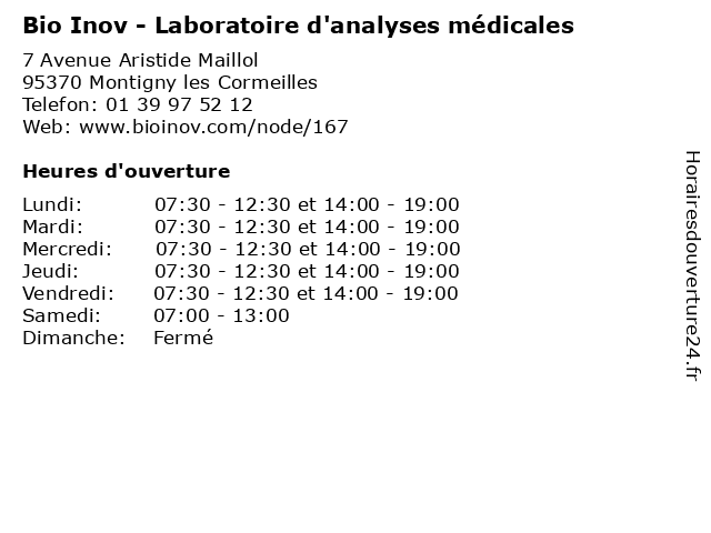 Bio Inov - Laboratoire d'analyses médicales à Montigny les Cormeilles: adresse et heures d'ouverture