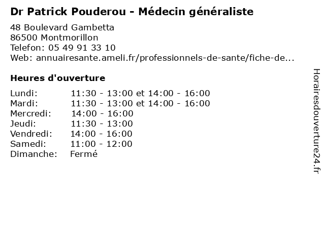 Dr Patrick Pouderou - Médecin généraliste à Montmorillon: adresse et heures d'ouverture