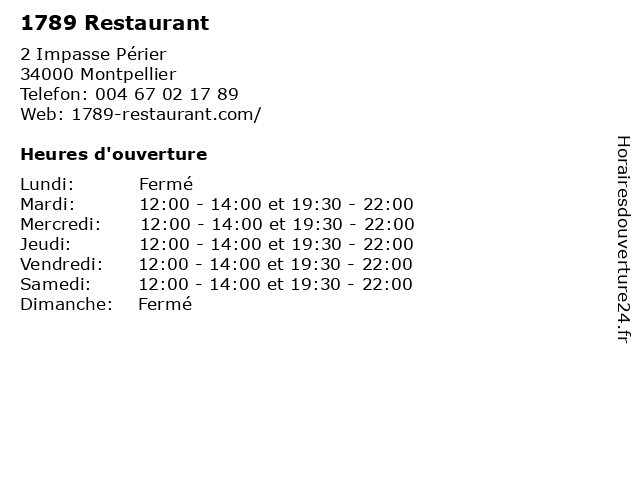 1789 Restaurant à Montpellier: adresse et heures d'ouverture