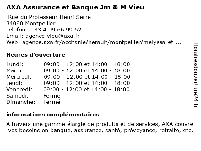 AXA Assurance et Banque Jm & M Vieu à Montpellier: adresse et heures d'ouverture