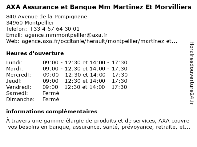 AXA Assurance et Banque Mm Martinez Et Morvilliers à Montpellier: adresse et heures d'ouverture