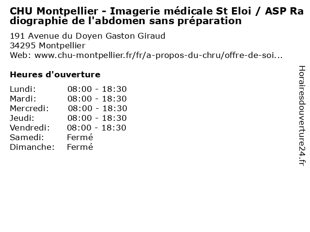 CHU Montpellier - Imagerie médicale St Eloi / ASP Radiographie de l'abdomen sans préparation à Montpellier: adresse et heures d'ouverture