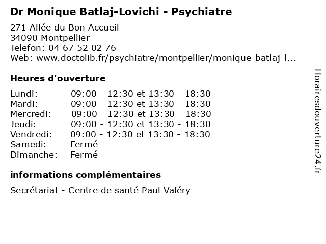 Dr Monique Batlaj-Lovichi - Psychiatre à Montpellier: adresse et heures d'ouverture