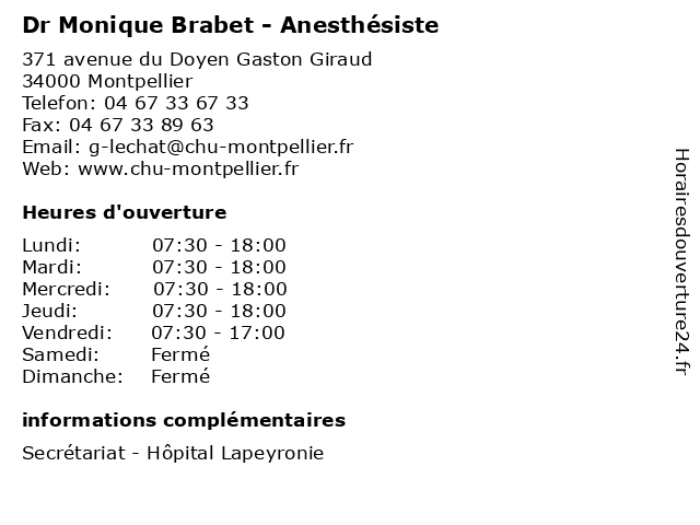 Dr Monique Brabet - Anesthésiste à Montpellier: adresse et heures d'ouverture