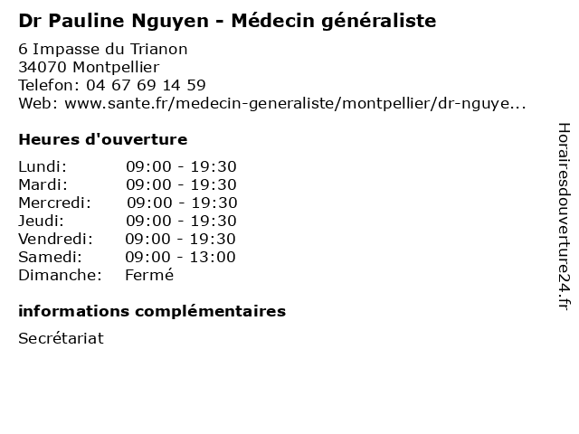 Dr Pauline Nguyen - Médecin généraliste à Montpellier: adresse et heures d'ouverture