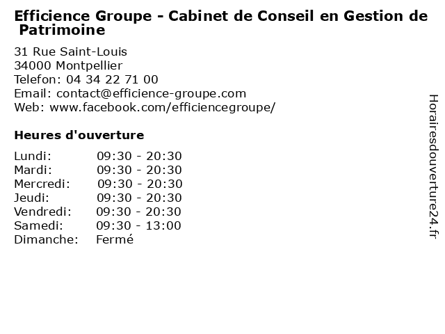 Efficience Groupe - Cabinet de Conseil en Gestion de Patrimoine à Montpellier: adresse et heures d'ouverture