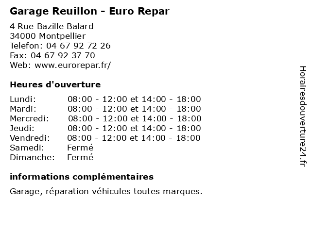 Garage Reuillon - Euro Repar à Montpellier: adresse et heures d'ouverture