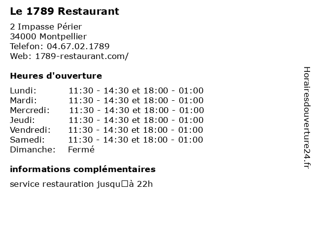 Le 1789 Restaurant à Montpellier: adresse et heures d'ouverture