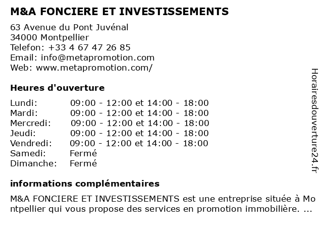 M&A FONCIERE ET INVESTISSEMENTS à Montpellier: adresse et heures d'ouverture