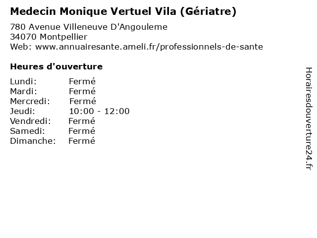 Medecin Monique Vertuel Vila (Gériatre) à Montpellier: adresse et heures d'ouverture