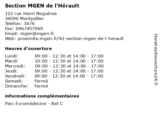 Section MGEN de l'Hérault à Montpellier: adresse et heures d'ouverture