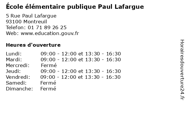 École élémentaire publique Paul Lafargue à Montreuil: adresse et heures d'ouverture