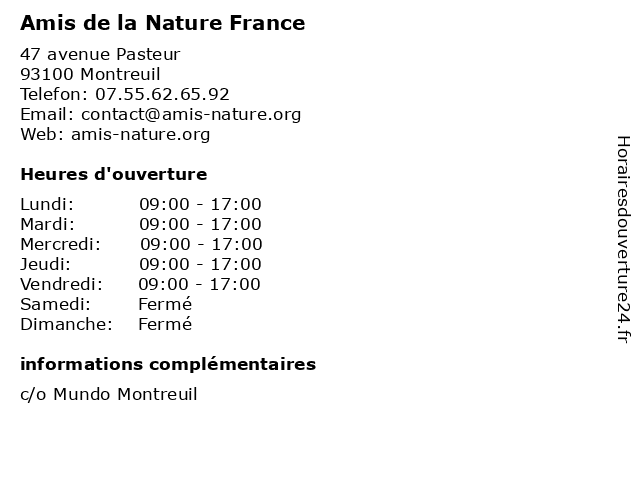 Amis de la Nature France à Montreuil: adresse et heures d'ouverture