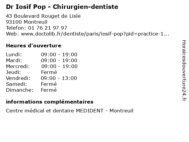 Dr Iosif Pop - Chirurgien-dentiste à Montreuil: adresse et heures d'ouverture