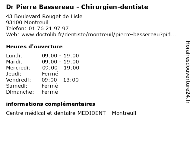 Dr Pierre Bassereau - Chirurgien-dentiste à Montreuil: adresse et heures d'ouverture