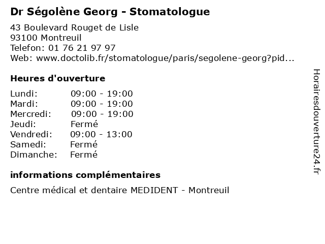 Dr Ségolène Georg - Stomatologue à Montreuil: adresse et heures d'ouverture