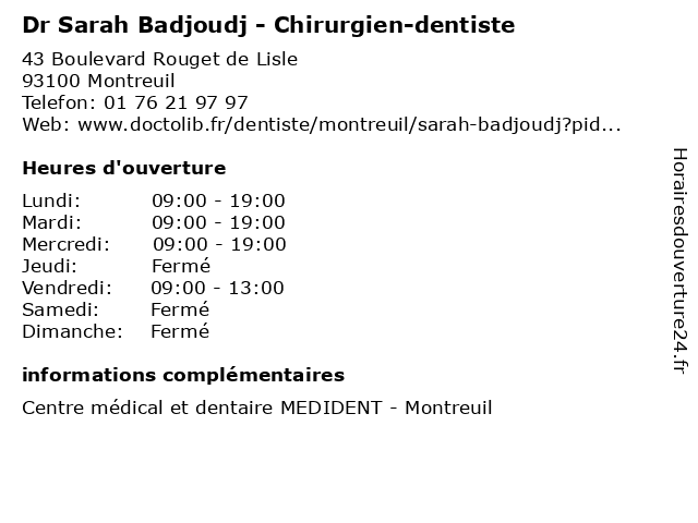 Dr Sarah Badjoudj - Chirurgien-dentiste à Montreuil: adresse et heures d'ouverture