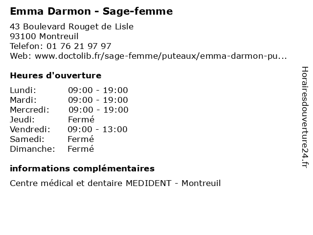 Emma Darmon - Sage-femme à Montreuil: adresse et heures d'ouverture