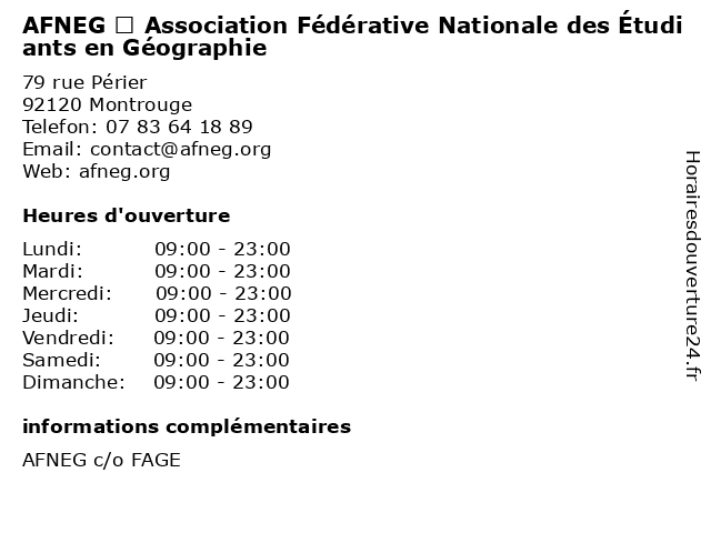 AFNEG – Association Fédérative Nationale des Étudiants en Géographie à Montrouge: adresse et heures d'ouverture