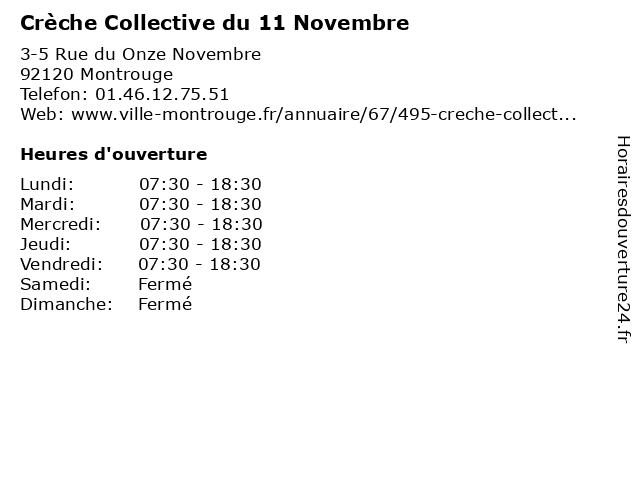 Crèche Collective du 11 Novembre à Montrouge: adresse et heures d'ouverture