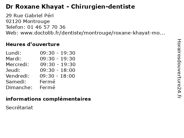 Dr Roxane Khayat - Chirurgien-dentiste à Montrouge: adresse et heures d'ouverture