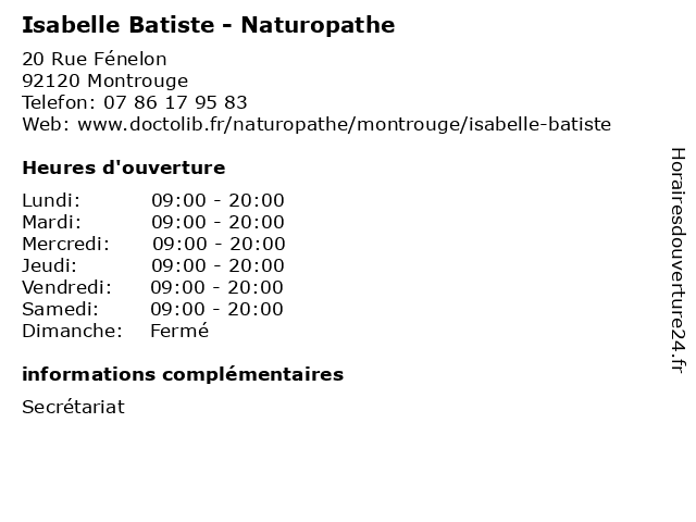 Isabelle Batiste - Naturopathe à Montrouge: adresse et heures d'ouverture