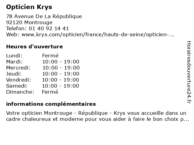 Opticien Krys à Montrouge: adresse et heures d'ouverture