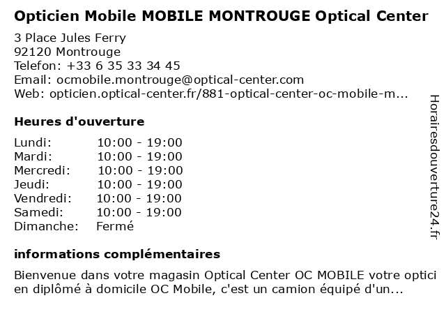 Opticien Mobile MOBILE MONTROUGE Optical Center à Montrouge: adresse et heures d'ouverture
