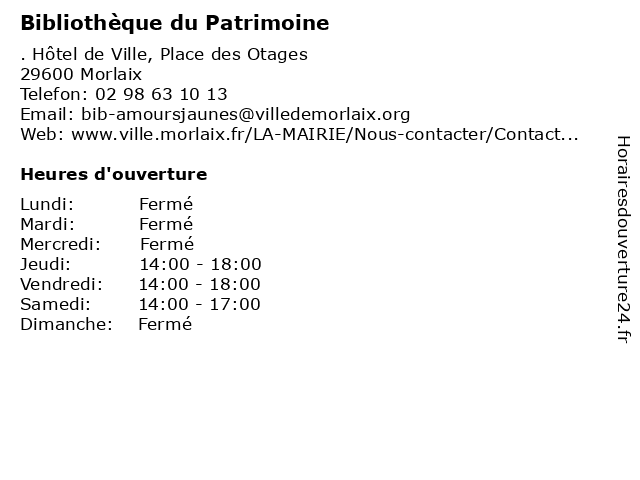 Bibliothèque du Patrimoine à Morlaix: adresse et heures d'ouverture