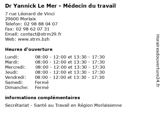 Dr Yannick Le Mer - Médecin du travail à Morlaix: adresse et heures d'ouverture