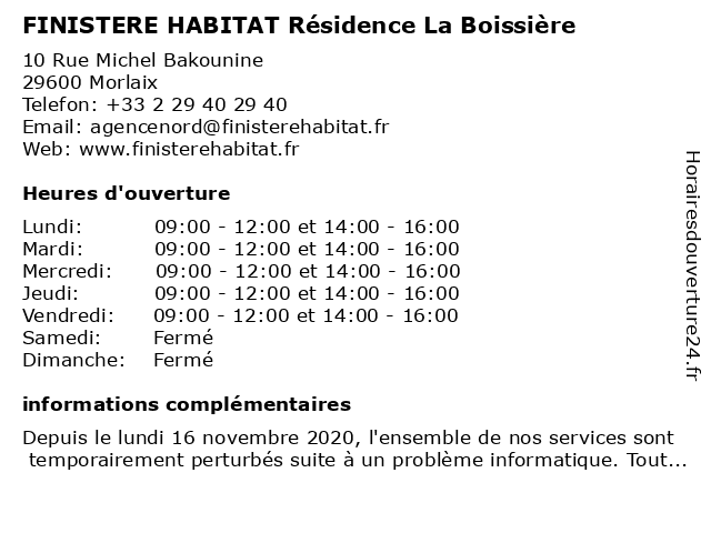 FINISTERE HABITAT Résidence La Boissière à Morlaix: adresse et heures d'ouverture