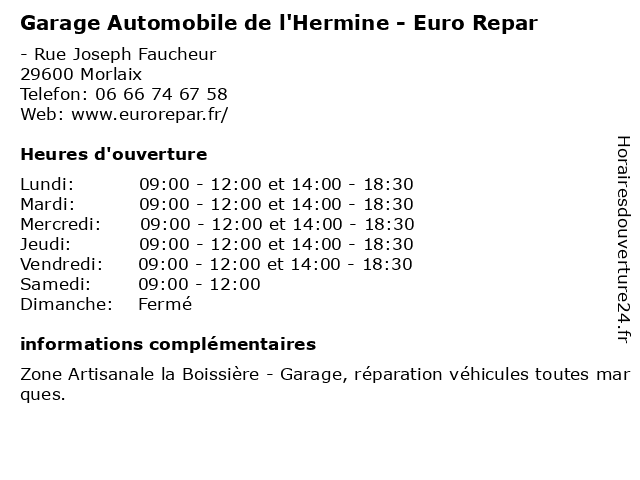Garage Automobile de l'Hermine - Euro Repar à Morlaix: adresse et heures d'ouverture