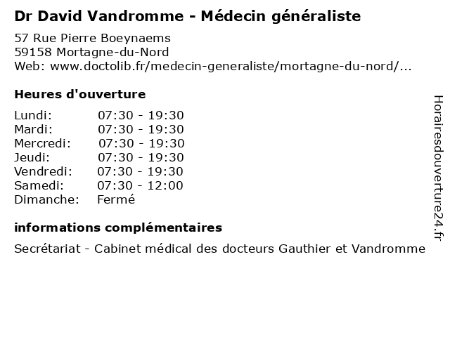 Dr David Vandromme - Mdecin gnraliste  Mortagne-du-Nord: adresse et heures d'ouverture