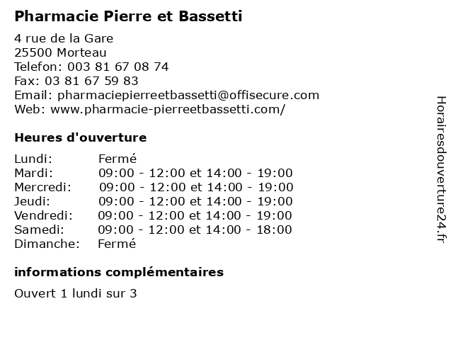 Pharmacie Pierre et Bassetti à Morteau: adresse et heures d'ouverture