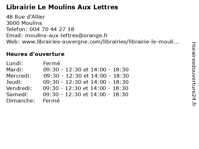 Librairie Le Moulins Aux Lettres à Moulins: adresse et heures d'ouverture