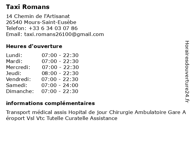 Taxi Romans à Mours-Saint-Eusèbe: adresse et heures d'ouverture