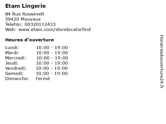 Etam Lingerie à Mouvaux: adresse et heures d'ouverture