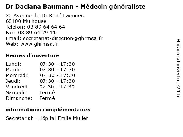 Dr Daciana Baumann - Médecin généraliste à Mulhouse: adresse et heures d'ouverture