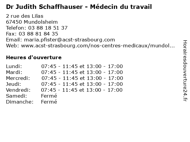 Dr Judith Schaffhauser - Médecin du travail à Mundolsheim: adresse et heures d'ouverture