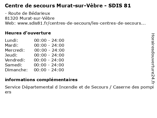 Centre de secours Murat-sur-Vèbre - SDIS 81 à Murat-sur-Vèbre: adresse et heures d'ouverture