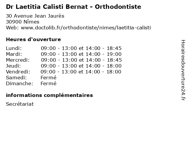 Dr Laetitia Calisti Bernat - Orthodontiste à Nîmes: adresse et heures d'ouverture
