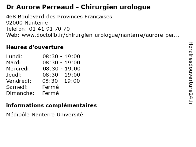 Dr Aurore Perreaud - Chirurgien urologue à Nanterre: adresse et heures d'ouverture
