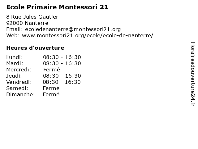 Ecole Primaire Montessori 21 à Nanterre: adresse et heures d'ouverture