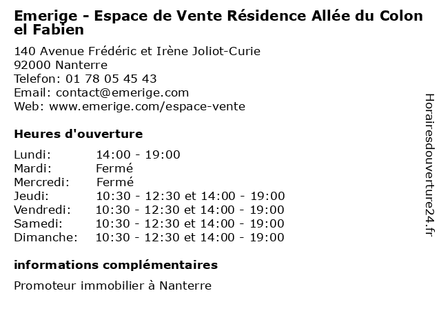 Emerige - Espace de Vente Résidence Allée du Colonel Fabien à Nanterre: adresse et heures d'ouverture